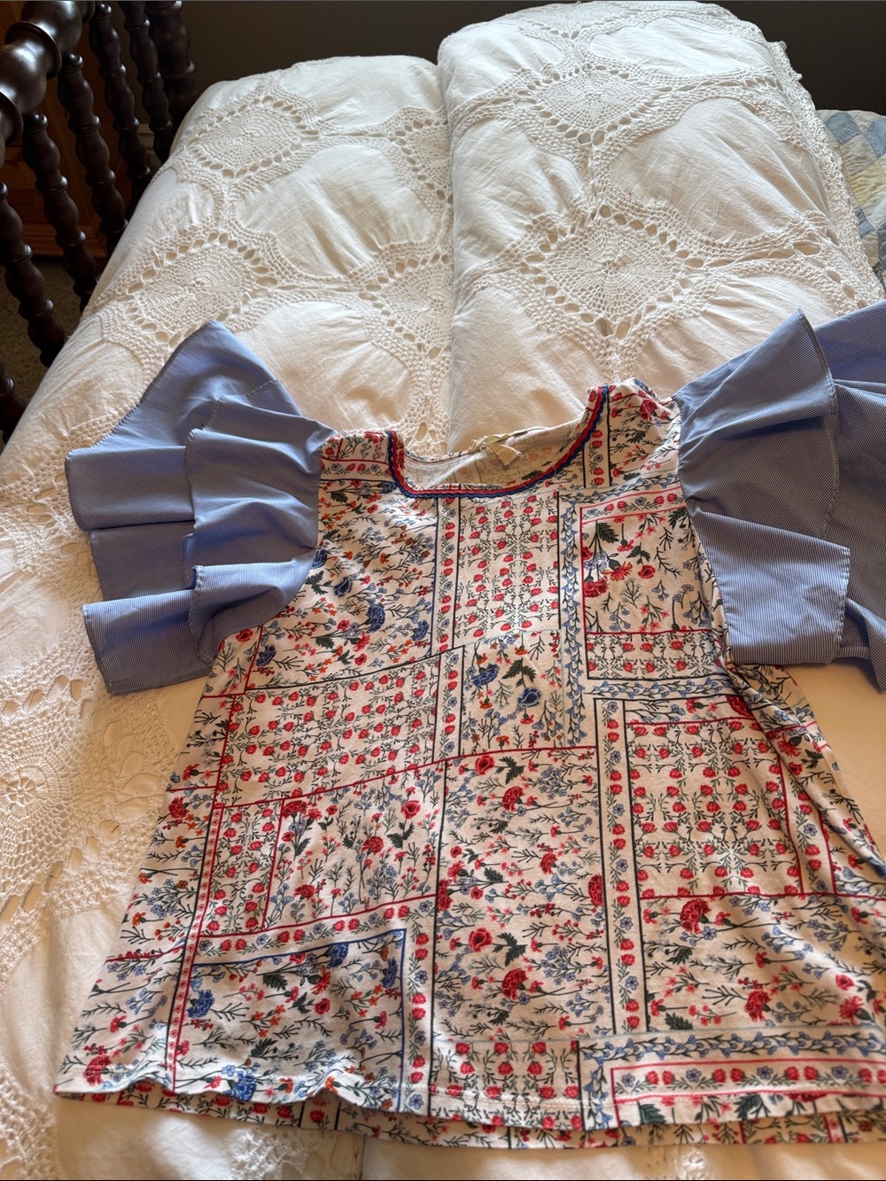 Womens  Floral top with flounce sleeves- blue cream pink. Purchased at Anthro